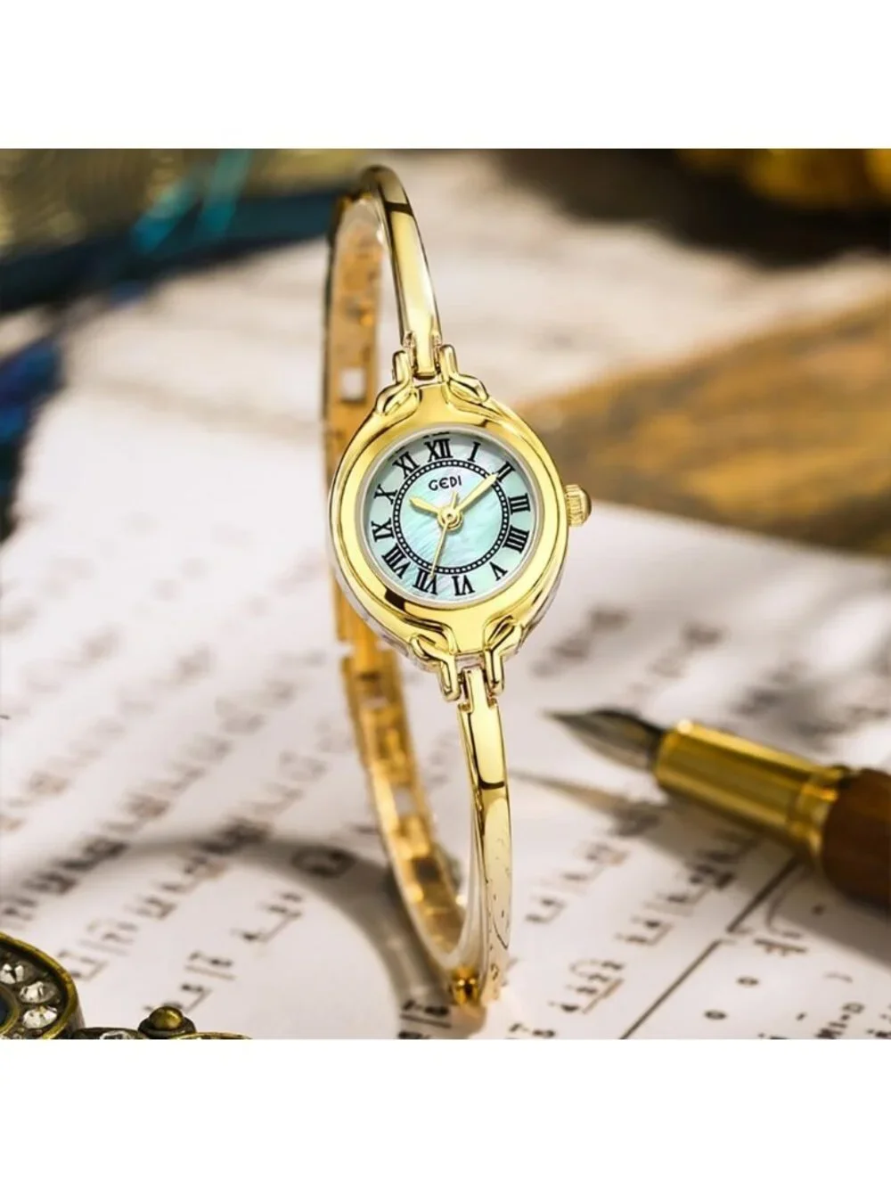 Women's Gold Green Small Dial Bangle Thin Strap Classic Vintage Style Watches